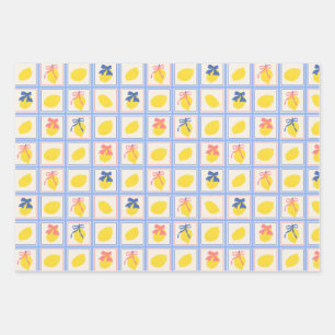 Lemon Citrus and Bows Vintage Tile Pattern Wrapping Paper Sheet