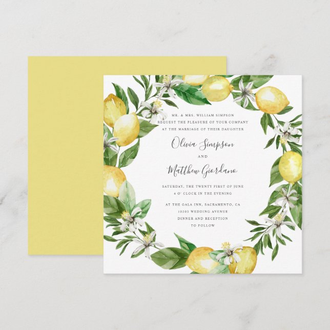 Lemon Citrus  and leaves formal wedding Invitation (Front/Back)