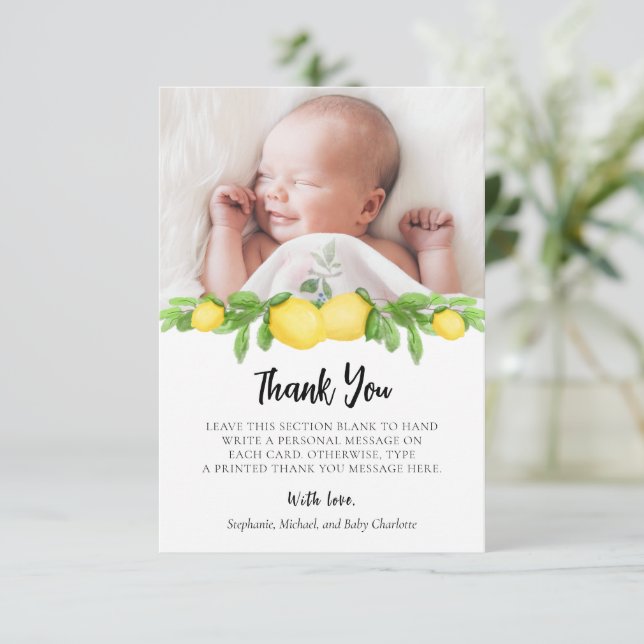 Lemon Citrus Baby Shower Photo Thank You Card (Standing Front)