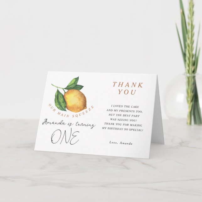 Lemon citrus birthday party thank you card (Front)