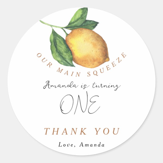 Lemon citrus birthday party thank you classic round sticker (Front)