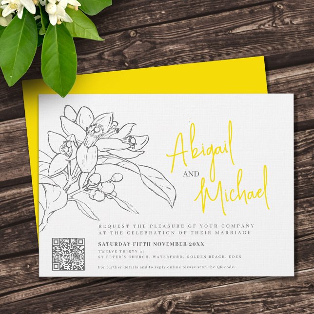 Lemon citrus blossom pencil sketch yellow wedding invitation (Creator Uploaded)