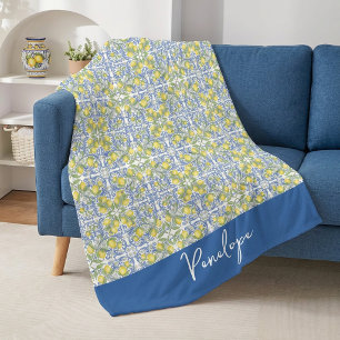 Lemon Citrus Blue Mediterranean Tile Pattern Fleece Blanket