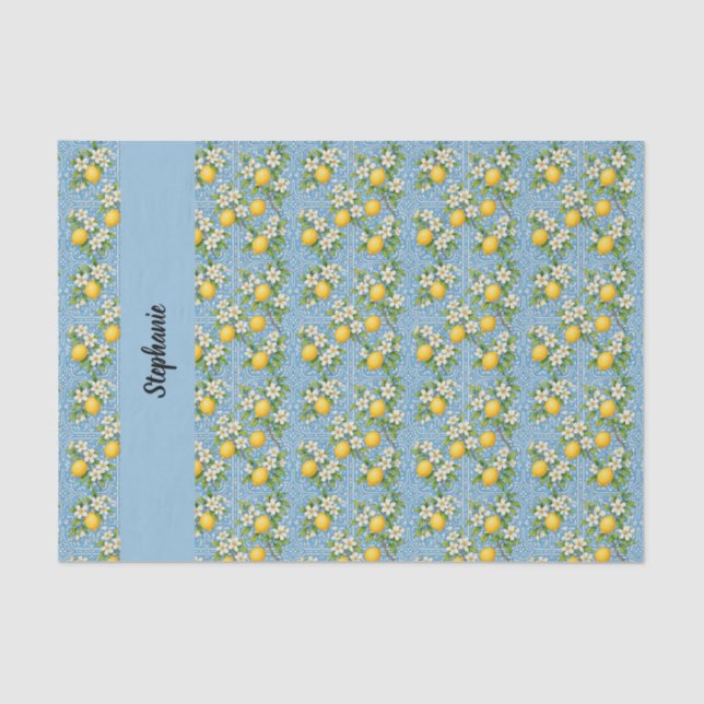 Lemon Citrus Blue Tile Pattern Monogram Name Tissue Paper (Front)