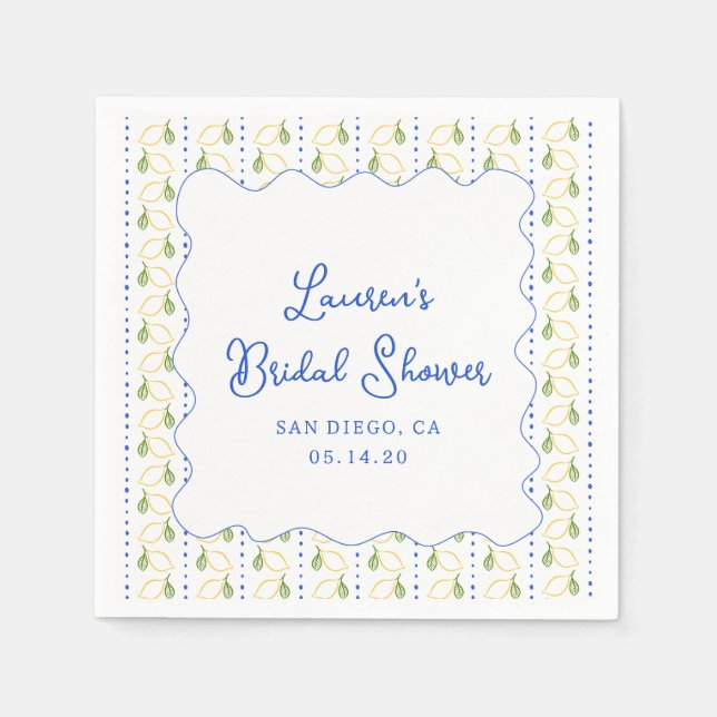 Lemon Citrus Blue & Yellow Amalfi Bridal Shower Napkin (Front)
