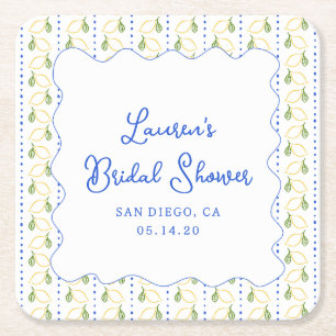 Lemon Citrus Blue & Yellow Amalfi Bridal Shower Square Paper Coaster
