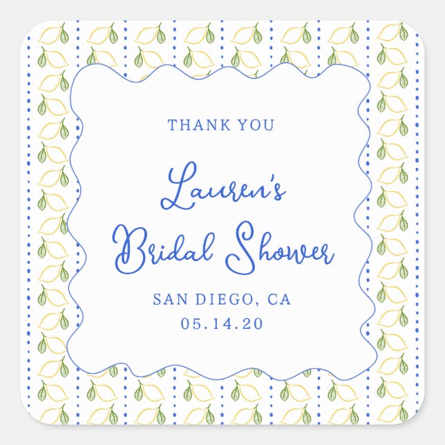 Lemon Citrus Blue & Yellow Bridal Shower Thank You Square Sticker (Front)