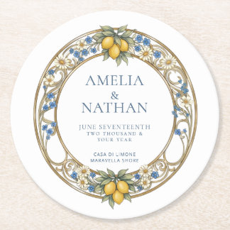 Lemon Citrus Botanical Wedding Round Paper Coaster