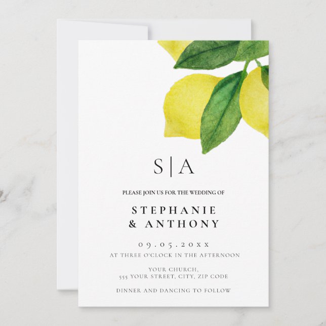  Lemon Citrus Branch Greenery Wedding      Invitation (Front)