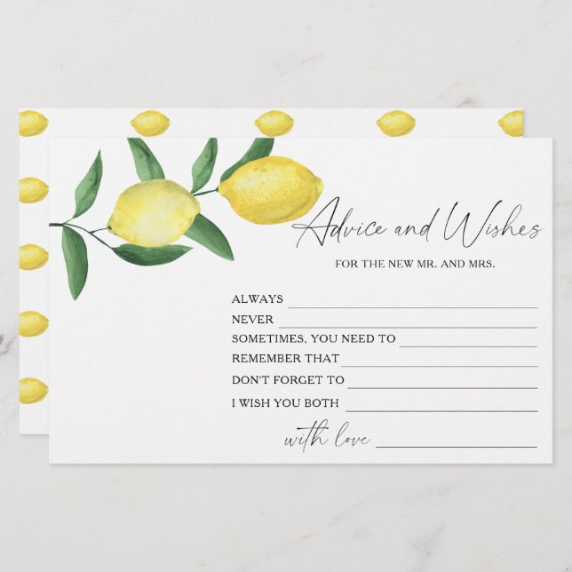 Lemon Citrus - Bridal Shower Advice and Wishes Stationery (Front/Back)