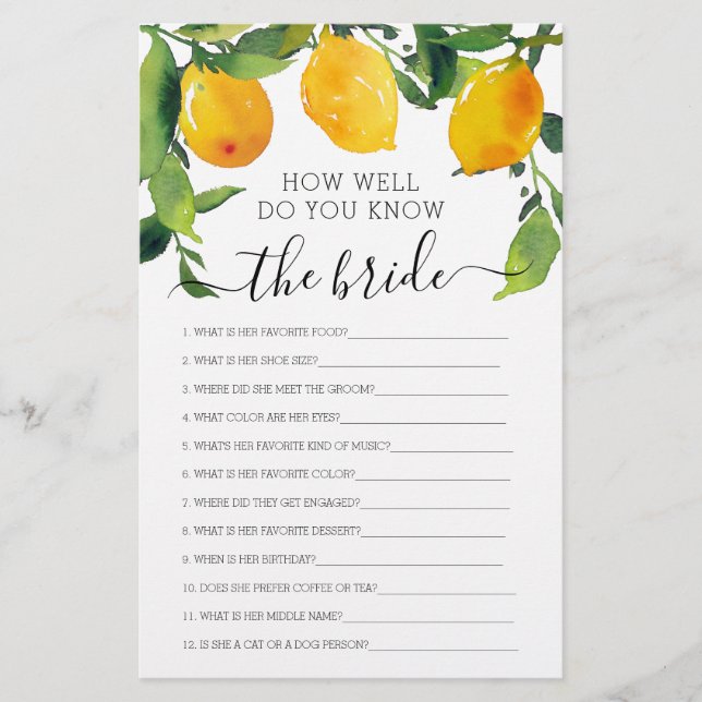 Lemon Citrus Double Sided Bridal Shower Games (Front)