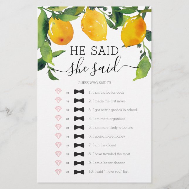Lemon Citrus Double Sided Bridal Shower Games (Front)