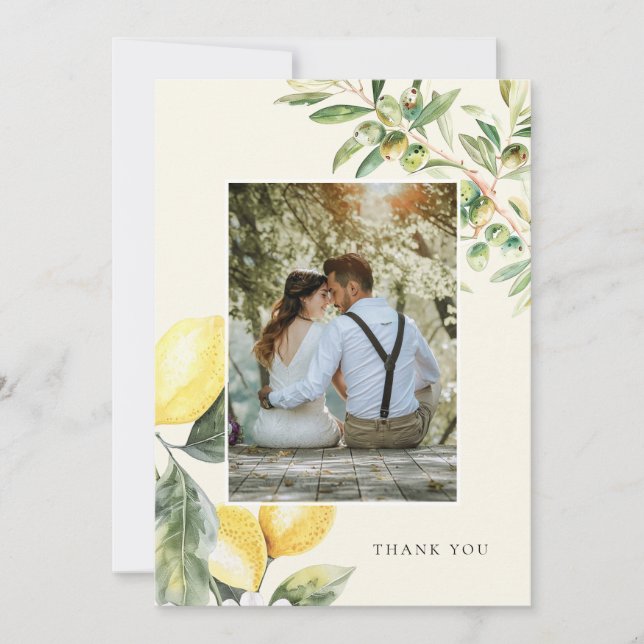 Lemon Citrus Elegant Wedding Photo Thank You Card (Front)