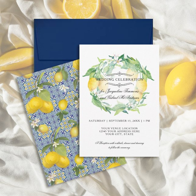 Lemon Citrus Floral Blue Tile Watercolor Wedding Invitation (Creator Uploaded)