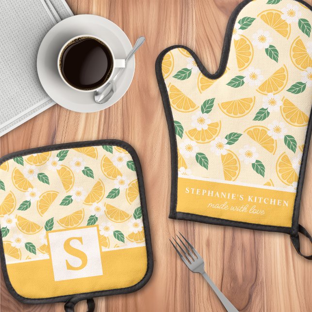 Lemon Citrus Floral Cute Summer Monogrammed Oven Mitt & Pot Holder Set (Creator Uploaded)