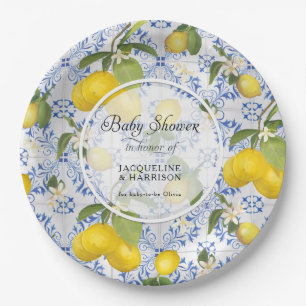 Lemon Citrus Floral Foliage Blue White Baby Shower Paper Plate