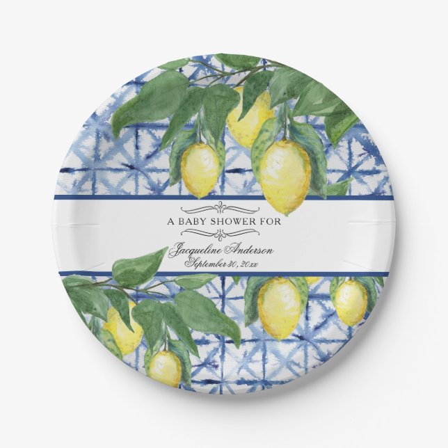 Lemon Citrus Floral Foliage Blue White Baby Shower Paper Plate (Front)
