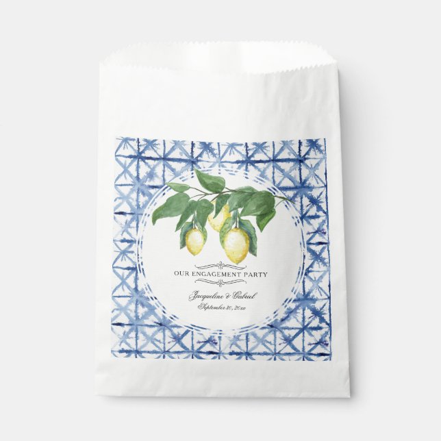 Lemon Citrus Floral Foliage Blue White Engagement Favour Bags (Front)