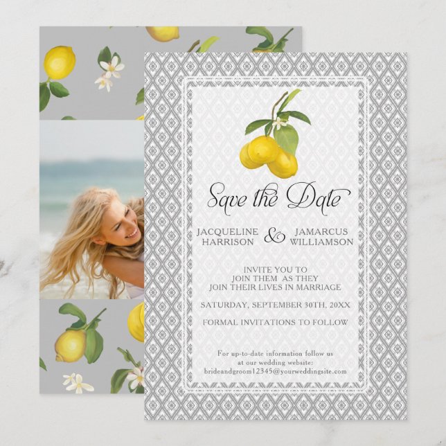 Lemon Citrus Floral Foliage Grey Yellow Photo  Save The Date (Front/Back)