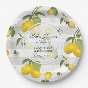 Lemon Citrus Floral Foliage White n Grey Stripe Paper Plate