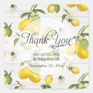 Lemon Citrus Floral Greenery Grey Rustic Thank You Square Sticker