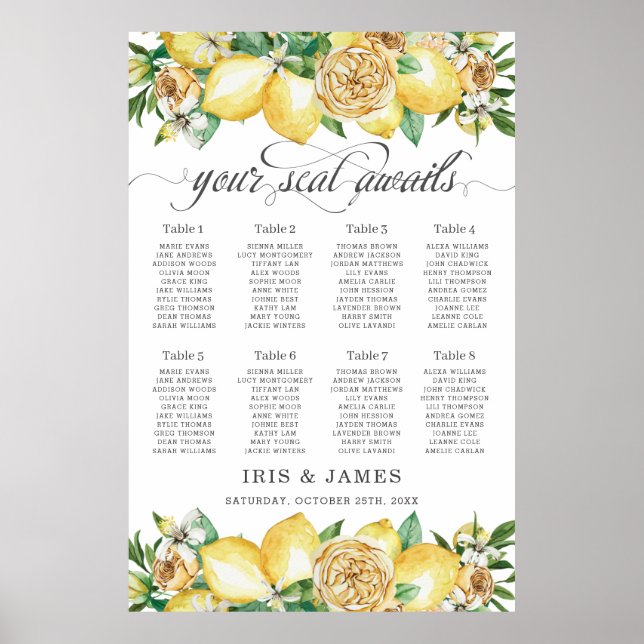 Lemon Citrus Floral Greenery Wedding Seating Chart (Front)
