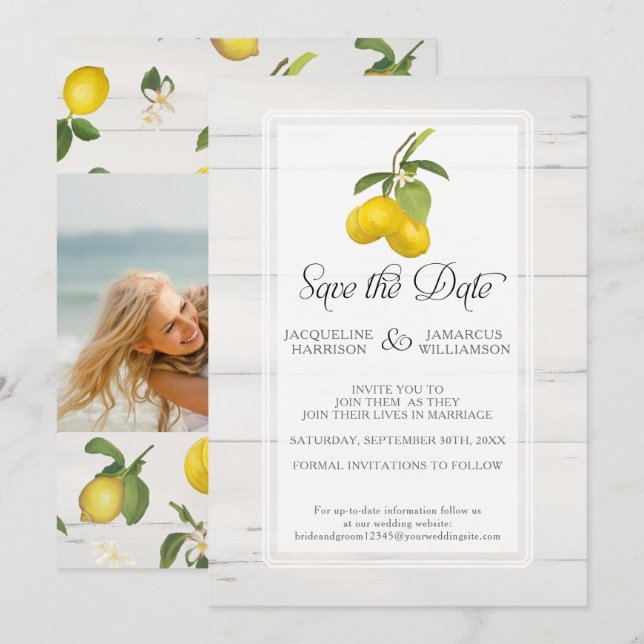 Lemon Citrus Floral Grey Yellow Foliage Photo Save The Date (Front/Back)