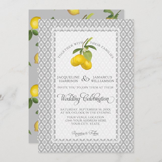 Lemon Citrus Floral Grey Yellow White Wedding Invitation (Front/Back)