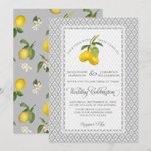 Lemon Citrus Floral Grey Yellow White Wedding Invitation