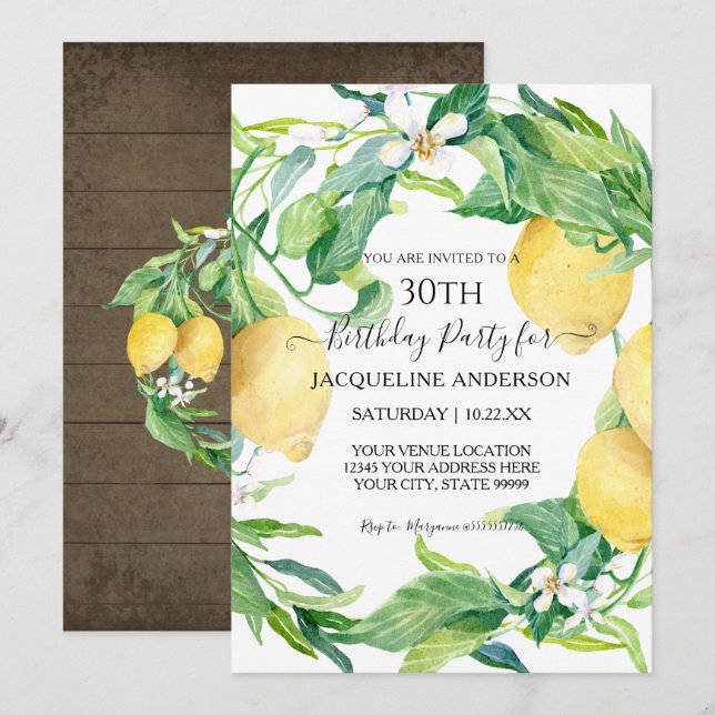 Lemon Citrus Floral Leaf Watercolor 30th Birthday Invitation (Front/Back)