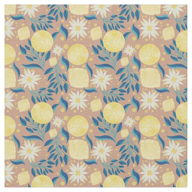 Lemon Citrus Floral Peach  Fabric (Close Up)