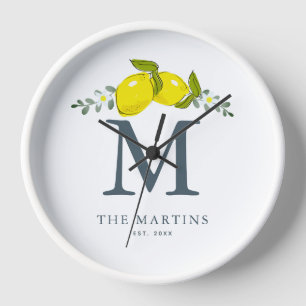 Lemon Citrus Floral White Monogram Clock