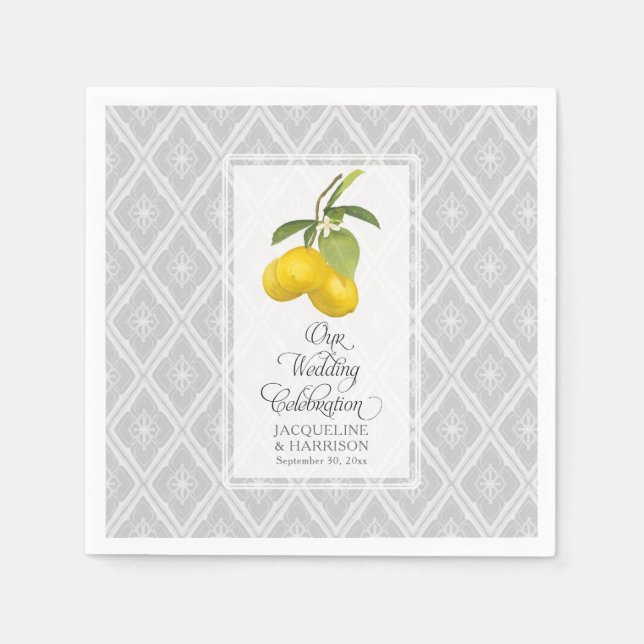 Lemon Citrus Floral Yellow Grey White Wedding Napkin (Front)