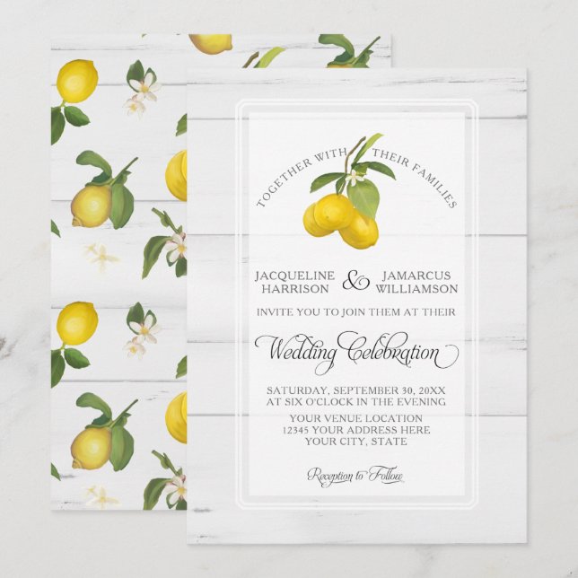 Lemon Citrus Floral Yellow White Grey Wood Wedding Invitation (Front/Back)
