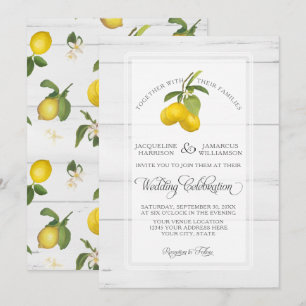 Lemon Citrus Floral Yellow White Grey Wood Wedding Invitation