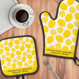 Lemon Citrus Fruit Pattern Yellow Personalised Oven Mitt & Pot Holder Set