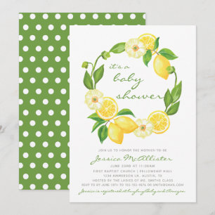 Lemon Citrus Green and Grey Polkadot Baby Shower Invitation
