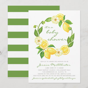 Lemon Citrus Green Stripes Baby Shower Invitation