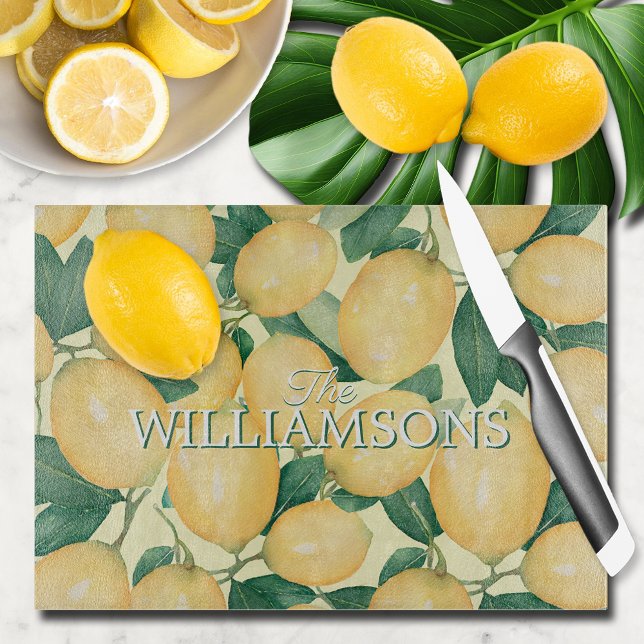 Lemon Citrus Greenery Personalised  Cutting Board (Personalized Lemons and Greenery Glass Cutting Board)