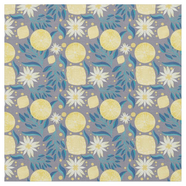 Lemon Citrus Grey Floral  Fabric (Close Up)