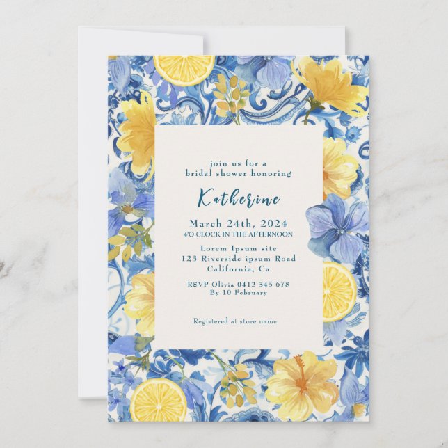 Lemon citrus italian blue bridal shower invitation (Front)