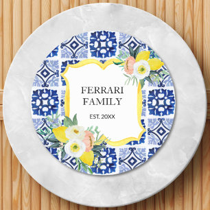 Lemon Citrus Italian Mediterranean Tiles Pattern Classic Round Sticker