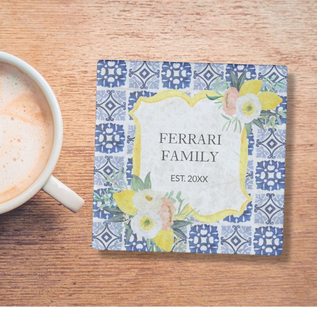 Lemon Citrus Italian Mediterranean Tiles Pattern Glass Coaster (In situ)