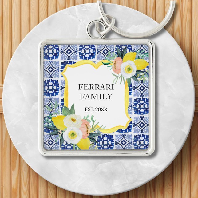 Lemon Citrus Italian Mediterranean Tiles Pattern Key Ring (In situ)