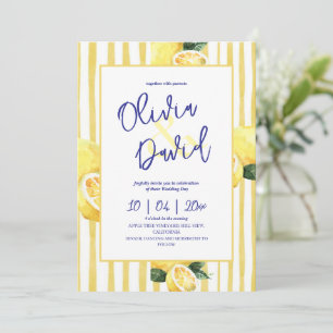 Lemon Citrus Italy Yellow Pinstripe Wedding Invitation
