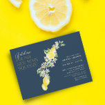 Lemon Citrus Main Squeeze Blue Bridal Shower Invitation<br><div class="desc">Main Squeeze a unique take on a beautiful invitation, featuring an arrangement of lemons, flowers and leaves along with a header that reads "Name of bride found her main squeeze" over a dark blue background that makes the illustration pop. Other colour combination available. If you need a piece that is...</div>