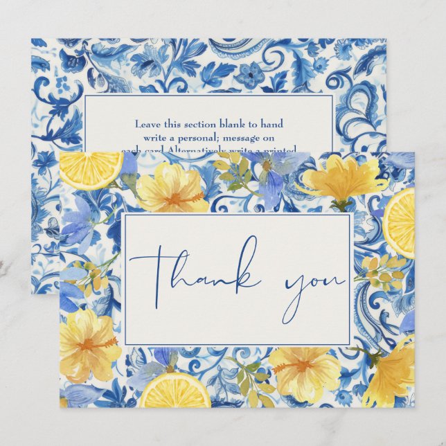 Lemon citrus main squeeze blue bridal shower thank you card (Front/Back)