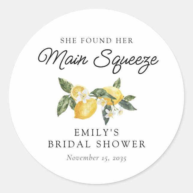 Lemon Citrus Main Squeeze Bridal Shower Classic Round Sticker (Front)