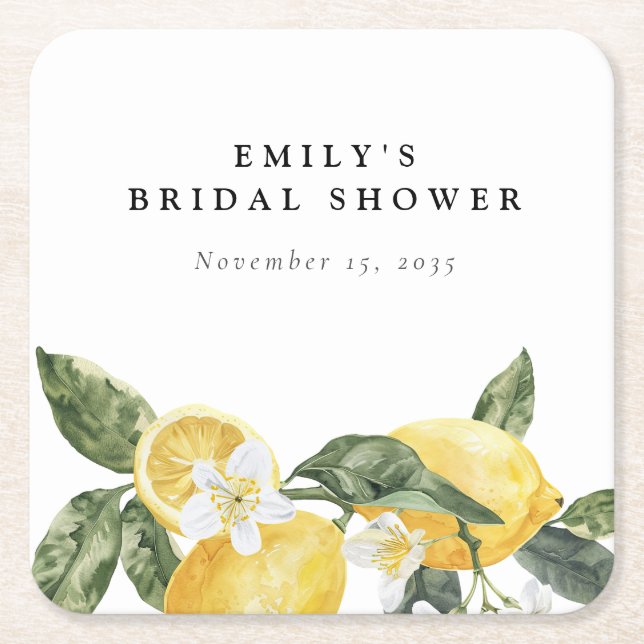 Lemon Citrus Main Squeeze Bridal Shower Square Paper Coaster (Front)