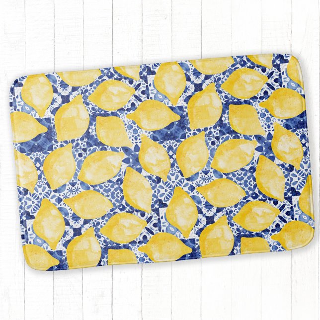 Lemon Citrus Mediterranean Blue White Tile Bath Mat (Mediterranean yellow watercolor lemons on a blue and white tile pattern background on a bath mat)